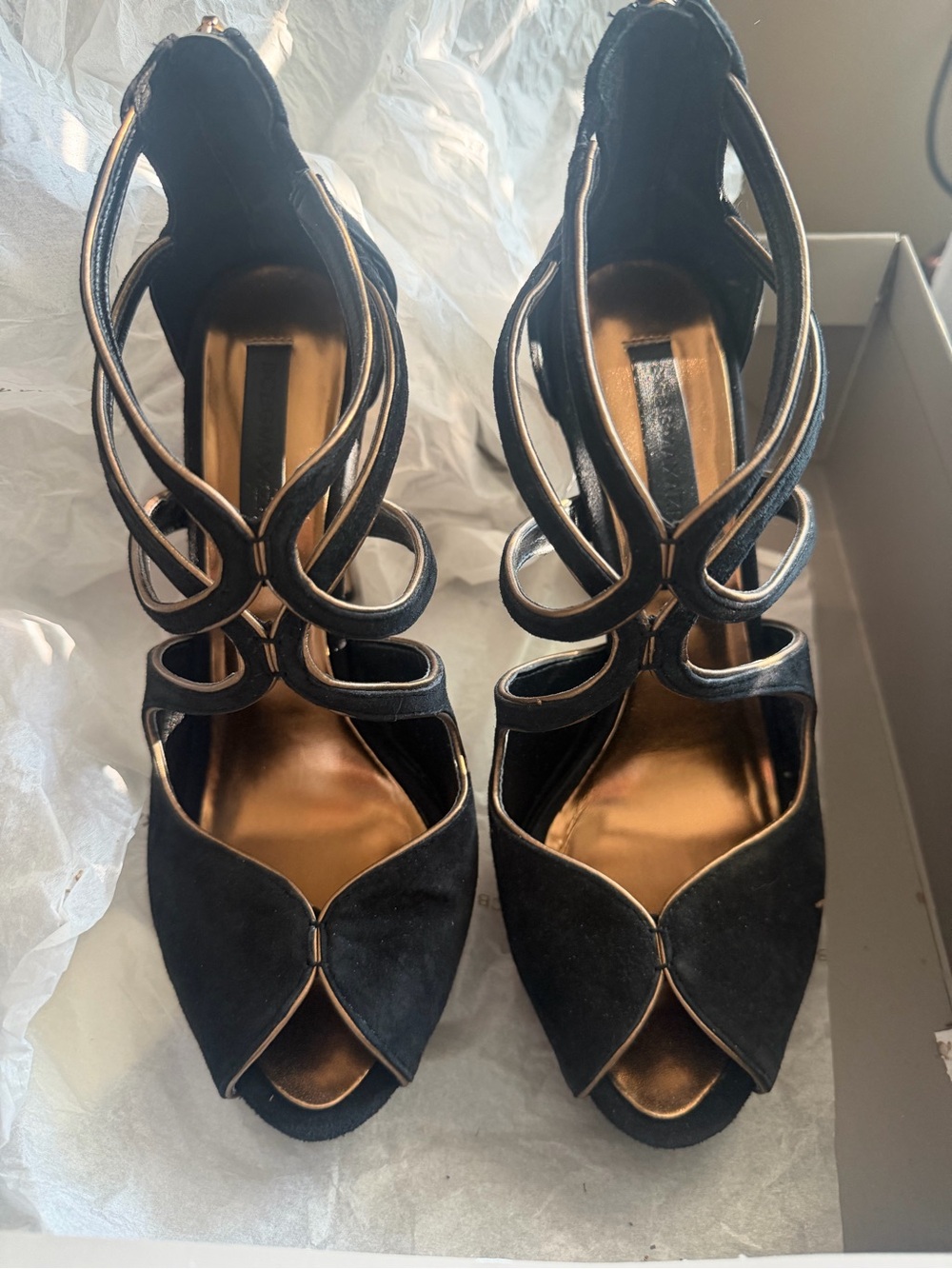 BCBGMAXAZRIA Black and Gold Strappy Peep-Toe Platform Pumps